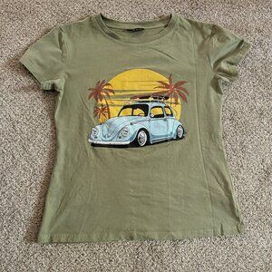 Medium Shein Kids Green T-Shirt with Sunset/Car Print